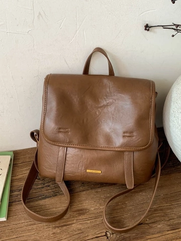 Retro PU Leder Rucksack Für Damen Große Kapazität Minimalistisch Umschlagklappe Vintage Lässig Pendler Umhängetasche