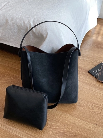Sac Seau en Cuir PU Mat pour Femme Grand Fourre-tout Avec Pochette Sac à Bandoulière Commuter Style Minimaliste Rétro