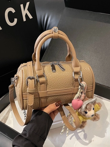 Dames PU Leer Boston Tas Krokodillenpatroon Handtas Stedelijk Minimalistisch Crossbody Tas Met Pluche Beer Bedeltje Schoudertas