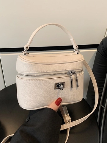 Dames PU Leer Lychee Patroon Box Handtas Top Handvat Crossbody Tas Zilveren Hardware Dubbele Rits Slot Tas