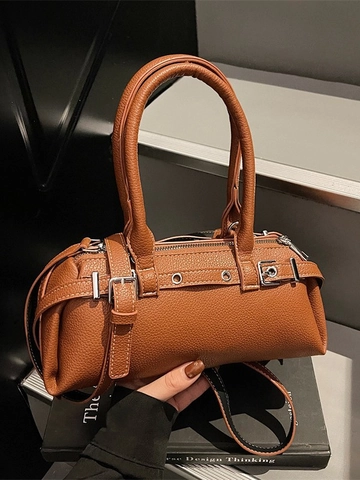 Petit Sac Baguette en Cuir PU Rétro pour Femmes Motif Litchi Boston Sac à Bandoulière Chic Sac à Main Commuter Avec Bandoulière Réglable