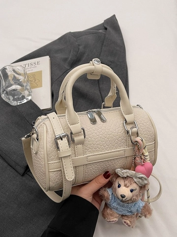 Dames PU Leer Boston Tas Krokodillenpatroon Handtas Stedelijk Minimalistisch Crossbody Tas Met Pluche Beer Bedeltje Schoudertas