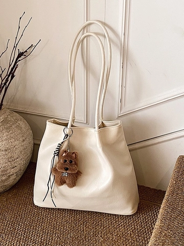 Damen Vintage PU Leder Tote Bag Große Kapazität Minimalistisch Pendler Schultertasche Mit Plüsch Anhänger Für Alltag Mode