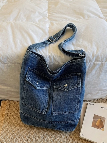 Vintage Washed Denim Tote Bag For Women Large Capacity Shoulder Bag With Double Flap Pockets Casual Workwear Style Bag