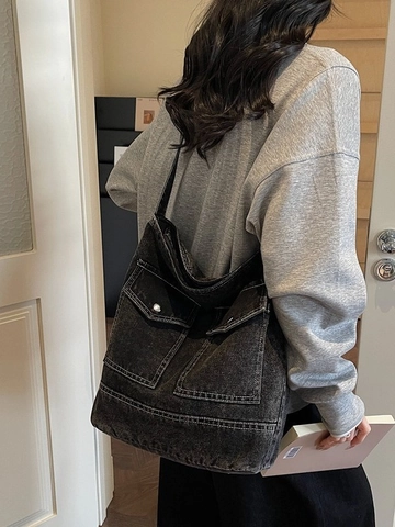 Vintage Washed Denim Tote Bag For Women Large Capacity Shoulder Bag With Double Flap Pockets Casual Workwear Style Bag