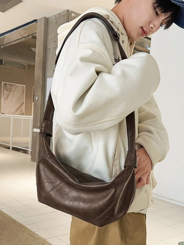 Solid Color PU Leather Crescent Dumpling Crossbody Bag For Women Splicing Street Casual Large Capacity Hobo Shoulder Bag