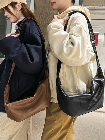 Solid Color PU Leather Crescent Dumpling Crossbody Bag For Women Splicing Street Casual Large Capacity Hobo Shoulder Bag