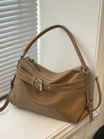 Borsa a Tracolla in Pelle PU Vintage da Donna Grande Capacità Cuciture a Contrasto Urban Semplice Tote Bag Moda Pendolare