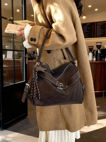 Borsa a Tracolla in Pelle PU Vintage da Donna Grande Capacità Cuciture a Contrasto Urban Semplice Tote Bag Moda Pendolare