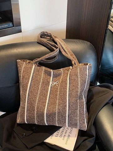 Borsa Tote a Strisce di Grande Capacità per Donna Vintage Tweed Tela Shopping Borsa a Spalla Stile Coreano Pendolare Borsa a Mano Con Ricamo a Fiocco