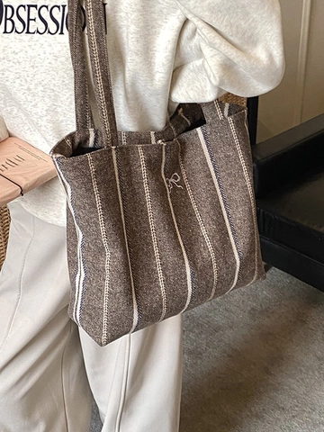 Borsa Tote a Strisce di Grande Capacità per Donna Vintage Tweed Tela Shopping Borsa a Spalla Stile Coreano Pendolare Borsa a Mano Con Ricamo a Fiocco