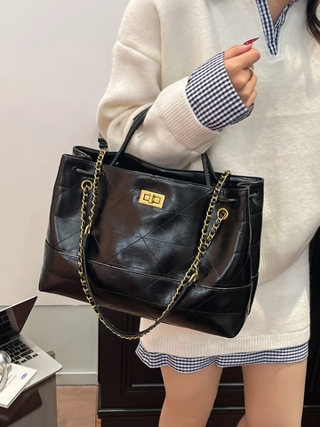 Vintage Gesteppt Tote Bag Für Damen Große Kapazität PU Leder Schultertasche Kettenriemen Drehverschluss Handtasche
