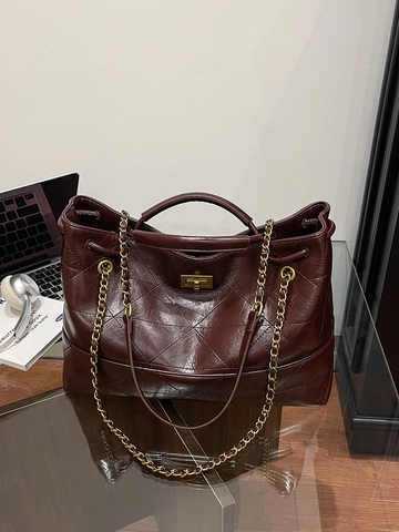 Vintage Gesteppt Tote Bag Für Damen Große Kapazität PU Leder Schultertasche Kettenriemen Drehverschluss Handtasche