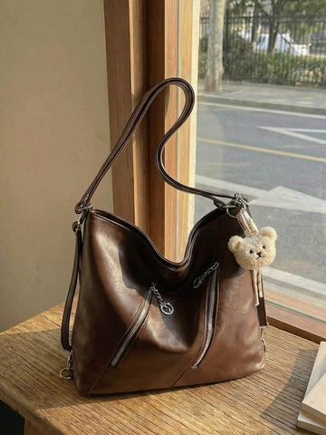 Women Fashion PU Leather Tote Bag Large Capacity Commuter Shoulder Bag With Plush Bear Charm Korean Style Handbag