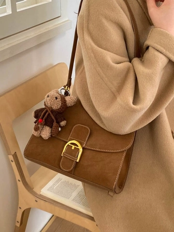 Women Retro PU Suede Small Square Bag Elegant Crossbody Shoulder Bag With Metal Buckle And Bear Charm Fashion Handbag