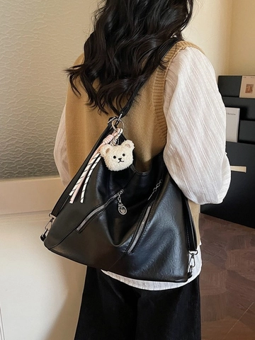 Women Fashion PU Leather Tote Bag Large Capacity Commuter Shoulder Bag With Plush Bear Charm Korean Style Handbag