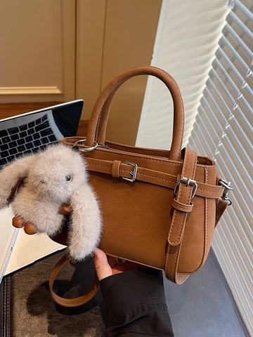 Women's Retro PU Leather Shoulder Bag With Plush Rabbit Charm Vintage Frosted Crossbody Handbag For Commuter Casual Daily Use