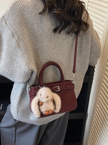Women's Retro PU Leather Shoulder Bag With Plush Rabbit Charm Vintage Frosted Crossbody Handbag For Commuter Casual Daily Use