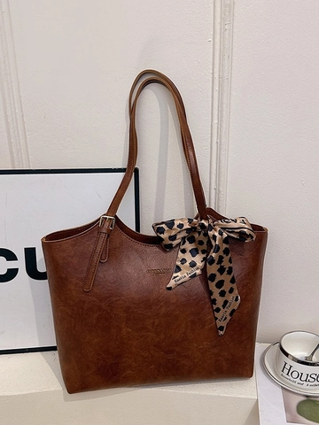 Borsa Tote da Donna in Pelle PU Retro Grande Capacità Borsa a Tracolla Minimalista Urbana Con Decorazione Foulard in Satin Leopardato