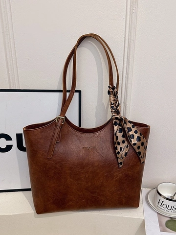 Borsa Tote da Donna in Pelle PU Retro Grande Capacità Borsa a Tracolla Minimalista Urbana Con Decorazione Foulard in Satin Leopardato