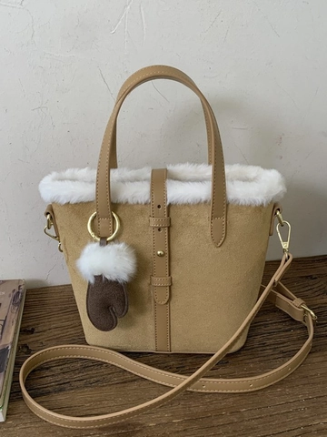 Borsa a Secchiello da Donna con Bordo in Pelliccia Sintetica Retrò Effetto Scamosciato con Ciondolo a Guanto Borsa a Tracolla Pendolare