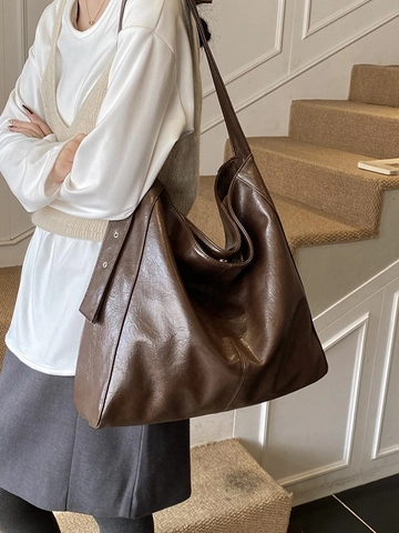 Bolso Tote Retro para Mujer en Cuero PU Gran Capacidad Minimalista Urbano Viaje Diario Bolso de Hombro Hobo con Correa Ancha Color Sólido