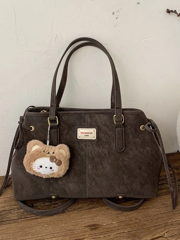 Retro Damen PU Leder Tote Bag Große Kapazität Urban Minimalistisch Schultertasche Mit Bären Anhänger Trendige Pendler Handtasche