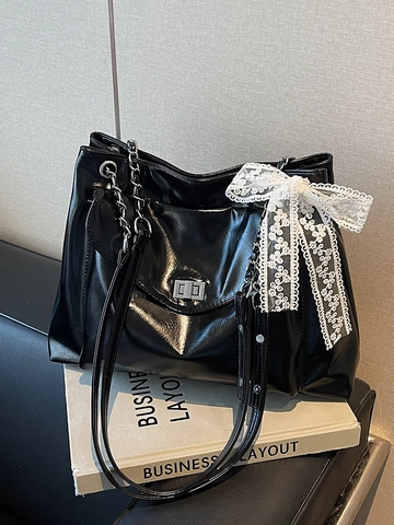 Bolso Tote de Mujer de Gran Capacidad de Cuero PU Brillante Con Lazo de Encaje Cadena Bolso de Hombro Bolso de Mano para Diario