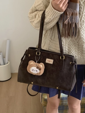 Retro Damen PU Leder Tote Bag Große Kapazität Urban Minimalistisch Schultertasche Mit Bären Anhänger Trendige Pendler Handtasche