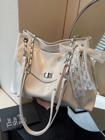 Bolso Tote de Mujer de Gran Capacidad de Cuero PU Brillante Con Lazo de Encaje Cadena Bolso de Hombro Bolso de Mano para Diario