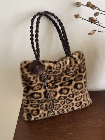 Fashion Leopard Print Plush Tote Bag Large Capacity Faux Fur Shoulder Bag Woven Handle For Women Casual Shopping Handbag