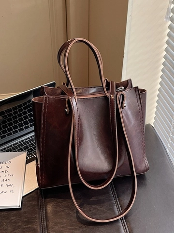 Bolso Tote de Gran Capacidad para Mujer Cuero PU Textura de Cera de Aceite Vintage Bolso de Hombro para Viaje Diario Oficina
