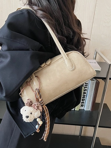 Bolso de Axila de Cuero PU Vintage para Mujer Bolso de Hombro Simple con Costuras de Contraste y Colgante de Peluche