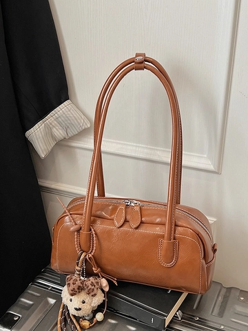 Bolso de Axila de Cuero PU Vintage para Mujer Bolso de Hombro Simple con Costuras de Contraste y Colgante de Peluche