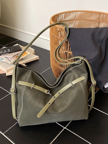 Bolso Tote de Cuero PU Vintage de Gran Capacidad para Mujer Moda Pespuntes en Contraste Bolso de Hombro Mochila de Diario
