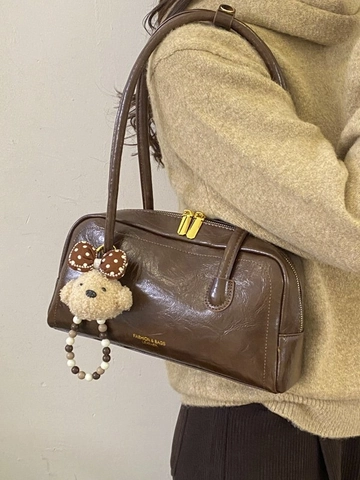 Retro Women Underarm Bag PU Leather Shoulder Bag Fashion Solid Color Boston Handbag With Plush Pendant Daily Accessories