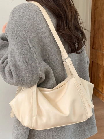 Bolso de Hombro de Cuero PU para Mujer Slouchy Retro Gran Capacidad Bolso de Bandolera Con Correa Ajustable Casual Color Sólido Tote Bag