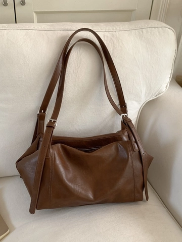 Bolso de Hombro de Cuero PU para Mujer Slouchy Retro Gran Capacidad Bolso de Bandolera Con Correa Ajustable Casual Color Sólido Tote Bag