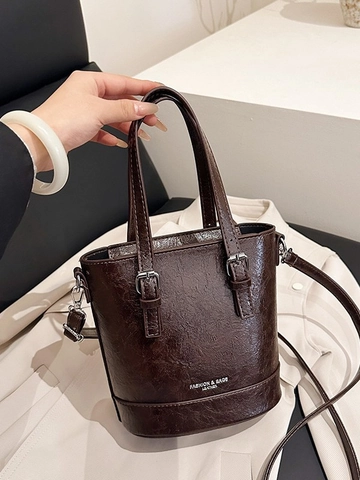 Bolso de Cubo de Cuero PU Vintage para Mujer Bolso de Mano Retro con Textura de Cera de Aceite Bolso de Hombro Cruzado de Color Sólido