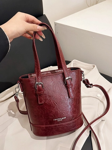 Bolso de Cubo de Cuero PU Vintage para Mujer Bolso de Mano Retro con Textura de Cera de Aceite Bolso de Hombro Cruzado de Color Sólido