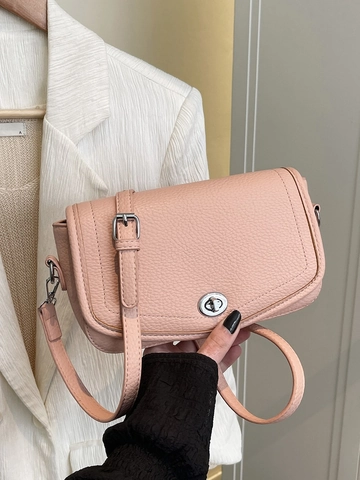 Bolso Bandolera de Cuero PU Granulado para Mujer Minimalista Color Sólido Con Cerradura Metálica Bolso de Mano Casual