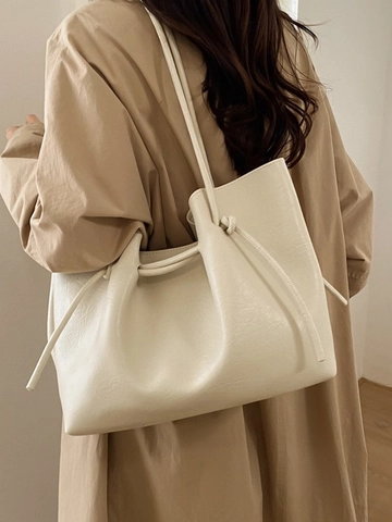 Minimalistische PU Leren Tote Bag Met Binnenzak Geplooid Trekkoord Grote Capaciteit Schoudertas Retro Dames Handtas