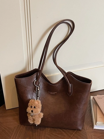 Bolso Tote de Cuero PU Vintage de Gran Capacidad para Mujer Bolso de Hombro de Color Sólido Elegante con Colgante