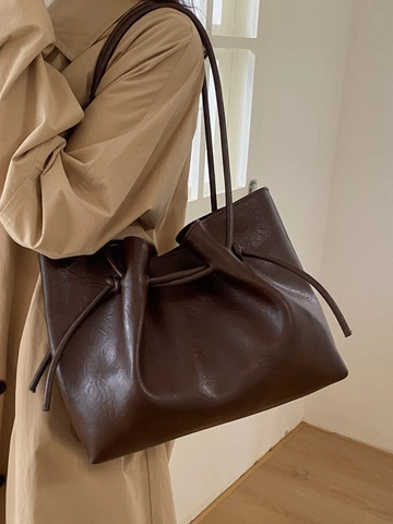 Minimalistische PU Leren Tote Bag Met Binnenzak Geplooid Trekkoord Grote Capaciteit Schoudertas Retro Dames Handtas