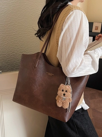 Bolso Tote de Cuero PU Vintage de Gran Capacidad para Mujer Bolso de Hombro de Color Sólido Elegante con Colgante