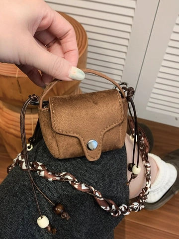 Vintage Mini PU Leather Crossbody Bag For Women Fashion Small Shoulder Bag With Satin Scarf Wood Beads Decor Retro Mini Handbag