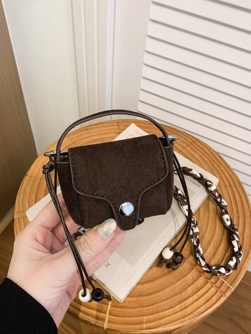 Vintage Mini PU Leather Crossbody Bag For Women Fashion Small Shoulder Bag With Satin Scarf Wood Beads Decor Retro Mini Handbag