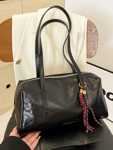 Borsa Sottobraccio in Pelle PU Vintage da Donna Grande Capacità Boston Borsa a Tracolla Con Decorazione a Nappa Intrecciata