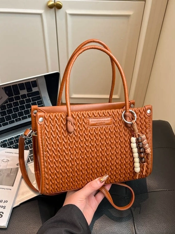 Vintage Damen PU Leder Tragetasche Gewebte Textur Handtasche Mode Schulter Umhängetasche Mit Perlenanhänger Elegante Damen Satchel