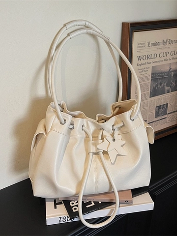 Damen Kordelzug Beuteltasche PU Leder Sternanhänger Schulter Umhängetasche Trendy Urban Chic Pendler Alltag Große Kapazität Tote Bag